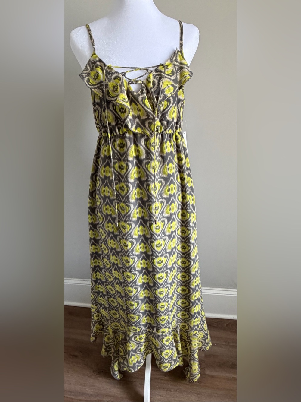 I Heart Ronson Yellow and Gray Printed Spaghetti-Strap Maxi Dress